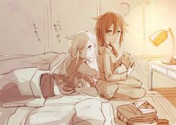 Rule 34 | 10s, 2girls, ahoge, alternate costume, bad id, bad pixiv id, book, braid, desk lamp, futon, hair flaps, kantai collection, kazuhito (1245ss), lamp, long hair, looking back, monochrome, multiple girls, open mouth, pajamas, pillow, remodel (kantai collection), shigure (kancolle), sitting, straight hair, table, twitter username, yuudachi (kancolle)