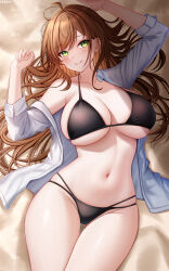 Rule 34 | 1girl, absurdres, bikini, black bikini, breasts, brown hair, chinese commentary, cleavage, collared shirt, commentary request, cowboy shot, dress shirt, green eyes, highres, huanyi huanhuanzi, large breasts, long hair, multi-strapped bikini bottom, navel, open clothes, open shirt, original, sand, shirt, solo, swimsuit, thigh gap, underboob, white shirt