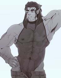 Rule 34 | 1boy, armpits, baldur&#039;s gate, baldur&#039;s gate 3, bara, bare pectorals, brown hair, brown theme, contemporary, contrapposto, covered erect nipples, covered navel, cowboy shot, dark-skinned male, dark skin, dungeons &amp; dragons, elf, hairy, halsin, highres, large pectorals, looking to the side, maison, male focus, male pubic hair, mature male, medium hair, monochrome, muscular, muscular male, nipples, open fly, pectorals, pointy ears, pubic hair, see-through, see-through shirt, sidepec, solo, sparse chest hair, sparse navel hair, thick arm hair, thick eyebrows