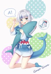 Rule 34 | 1girl, a (phrase), absurdres, animal costume, bloop (gawr gura), blue eyes, blue hair, blue socks, character name, claw pose, fins, fish tail, gao, gawr gura, gawr gura (1st costume), hair ornament, highres, hololive, hololive english, hugging doll, hugging object, looking at viewer, medium hair, multicolored hair, open mouth, shark, shark costume, shark girl, shark tail, sharp teeth, shuvi (shuvi1125), silver hair, socks, streaked hair, tail, teeth, two-tone hair, two side up, virtual youtuber