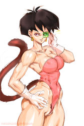Rule 34 | ass, breasts, dragon ball, glasses, highres, muscular, pussy, roundranchu, seripa, short hair, simple background, tail, thick thighs, thighs, toned, wet, white background