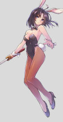 Rule 34 | 1girl, animal ears, bare shoulders, black footwear, black hair, blue eyes, breasts, brown pantyhose, closed mouth, expressionless, fake animal ears, grey background, high heels, highres, holding, holding sword, holding weapon, kara no kyoukai, katana, leotard, looking at viewer, medium breasts, pantyhose, parted bangs, playboy bunny, rabbit ears, rabbit tail, ryougi shiki, shoes, short hair, simple background, solo, sword, tail, wanko (takohati8), weapon, wrist cuffs