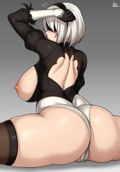 Rule 34 | 1girl, 2b (nier:automata), absurdres, ass, black thighhighs, blindfold, breasts, cleft of venus, from behind, grey background, heattech leotard, highres, huge ass, jmg, large breasts, looking back, nier:automata, nier (series), nipples, split, thighhighs, thighs, turtleneck, white hair