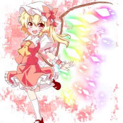 Rule 34 | 1girl, bad id, bad pixiv id, blonde hair, blouse, collared shirt, embodiment of scarlet devil, fang, female focus, flandre scarlet, hat, inanosuke, kneehighs, mob cap, red eyes, red wrist cuffs, shirt, side ponytail, socks, solo, touhou, white background, white hat, white shirt, white socks, wings, wrist cuffs