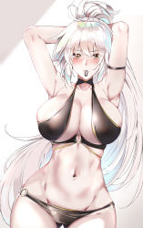 Rule 34 | absurdres, ahoge, armlet, armpits, arms behind head, arms up, bikini, black bikini, blush, breasts, fate/grand order, fate (series), hair between eyes, hair tie in mouth, high ponytail, highres, jeanne d&#039;arc alter (swimsuit berserker) (fate), jeanne d&#039;arc (fate), jeanne d&#039;arc alter (fate), jeanne d&#039;arc alter (festival outfit) (fate), jjkl9195, large breasts, long hair, looking at viewer, mouth hold, navel, o-ring, o-ring bikini, o-ring bottom, o-ring top, official alternate costume, pale skin, silver hair, solo, standing, swimsuit, very long hair, yellow eyes