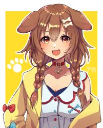 Rule 34 | 1girl, :3, :d, animal collar, animal ears, bad id, bad pixiv id, blue bow, blush, bone hair ornament, bow, braid, breasts, brown eyes, brown hair, buttons, cartoon bone, chizuru (ambient), choker, chromatic aberration, collar, collarbone, dog ears, dog girl, dress, fang, hair between eyes, hair ornament, hairclip, highres, hololive, inugami korone, inugami korone (1st costume), jacket, long hair, looking at viewer, low twin braids, low twintails, medium breasts, off shoulder, open mouth, paw print, paw print background, red bow, red choker, red collar, simple background, sleeveless, sleeveless dress, smile, solo, twin braids, twintails, twitter username, upper body, virtual youtuber, white dress, yellow background, yellow jacket