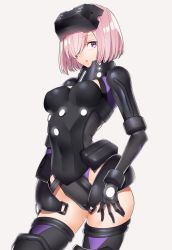Rule 34 | 1girl, armor, black leotard, black thighhighs, bracer, breasts, elbow gloves, fate/grand order, fate (series), gloves, glowing, gorget, hair over one eye, head-mounted display, highres, leotard, light purple hair, long sleeves, looking at viewer, mash kyrielight, mash kyrielight (ortenaus), medium breasts, neon trim, parted lips, pauldrons, purple eyes, short hair, shoulder armor, sino42, standing, thighhighs, white background