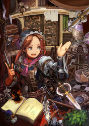 Rule 34 | 1girl, armor, bandaid, black eyes, book, brown hair, checkered floor, chibi, fantasy, floating, floating object, floor, hair ornament, hairclip, highres, knife, knight, leaf, ninja, open book, open mouth, original, shop, smile, solo, sword, tomohito, weapon