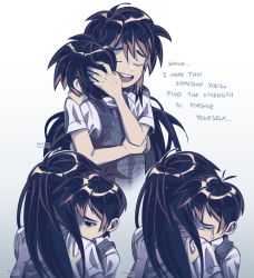 Rule 34 | 1boy, 1girl, absurdres, black eyes, black hair, brother and sister, closed eyes, crying, crying with eyes open, english text, highres, hug, long hair, looking at another, mari (faraway) (omori), mari (omori), omori, open mouth, remi (mozzaremi), short hair, siblings, smile, spoilers, sunny (omori), tears, teeth, upper teeth only