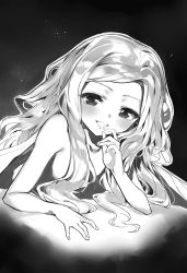 Rule 34 | 1girl, :d, arisa (death march), collarbone, death march kara hajimaru isekai kyousoukyoku, flat chest, greyscale, hair censor, hair over breasts, highres, long hair, looking at viewer, lying, monochrome, novel illustration, nude, official art, on stomach, open mouth, shri, smile, solo, swept bangs, under covers, upper body, very long hair