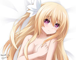 Rule 34 | 10s, 1girl, :3, artist name, bed sheet, blonde hair, blush, body blush, breasts, bright pupils, cleavage, closed mouth, collarbone, convenient censoring, covering privates, covering one breast, date a live, eyebrows, frown, hair censor, hair over breasts, hair ribbon, head tilt, keenh, mayuri, mayuri (date a live), nude, pink eyes, ribbon, side ponytail, smiley face, solo, tareme, upper body, white pupils, white ribbon
