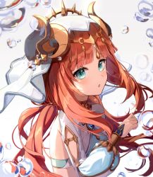 Rule 34 | 1girl, aqua eyes, brooch, bubble, clothing cutout, floating hair, forehead jewel, genshin impact, highres, horns, jewelry, long hair, long sleeves, looking at viewer, low twintails, neck ring, nilou (genshin impact), parted bangs, parted lips, puffy long sleeves, puffy sleeves, red hair, seero, shrug (clothing), simple background, solo, twintails, upper body, vambraces, veil, water, white background, white headdress