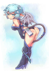 Rule 34 | 1girl, ass, blue eyes, blue hair, blush, boots, breasts, demon girl, demon tail, demon wings, elbow gloves, gloves, high heels, horns, looking at viewer, matching hair/eyes, original, personification, pointy ears, sankuma, shoes, short hair, solo, tail, thighhighs, wings