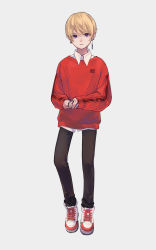 Rule 34 | androgynous, black pants, blonde hair, collared shirt, earrings, full body, gender request, highres, jewelry, long sleeves, looking at viewer, original, pants, parted lips, purple eyes, red sweater, ritao kamo, shirt, shoes, short hair, simple background, solo, standing, sweater, white background, white footwear, white shirt