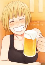 Rule 34 | 1girl, alcohol, arm support, beer, beer mug, black tank top, blonde hair, blush, breasts, cleavage, collarbone, commentary request, cup, closed eyes, facing viewer, grin, haikyuu!!, happy birthday, holding, holding cup, indoors, large breasts, laugh 111, mug, short hair, smile, solo, table, tanaka saeko (haikyuu!!), tank top, teeth