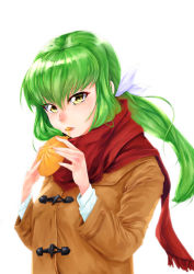 Rule 34 | 1girl, bokkusu, breasts, c.c., code geass, eating, green hair, jacket, long hair, looking at viewer, open mouth, simple background, solo, white background, yellow eyes