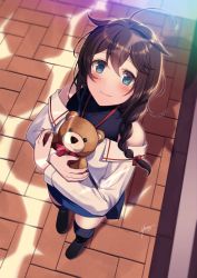 Rule 34 | 1girl, ahoge, black footwear, black hair, black pantyhose, black shirt, black thighhighs, blue eyes, boots, braid, brick road, commentary request, foreshortening, from above, full body, hair flaps, hair over shoulder, highres, kantai collection, layered shirt, long hair, long sleeves, looking at viewer, looking up, off-shoulder shirt, off shoulder, official alternate costume, pantyhose, sahuyaiya, shigure (kancolle), shigure kai ni (kancolle), shirt, single braid, sleeveless, sleeveless shirt, smile, solo, standing, stuffed animal, stuffed toy, teddy bear, thighband pantyhose, thighhighs, turtleneck, white shirt
