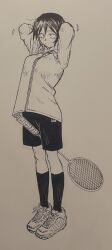 Rule 34 | 1girl, asai akira, badminton racket, full body, highres, kotoyama, racket, short hair, solo, standing, traditional media