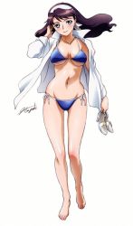 Rule 34 | 00s, 1girl, barefoot, bikini, black hair, blue eyes, breasts, cleavage, feet, hisayuki hirokazu, holding, holding shoes, lena sayers, long hair, my-otome, my-otome s.ifr, navel, open clothes, open shirt, shirt, shoes, solo, swimsuit, underboob