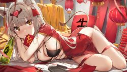 Rule 34 | 1girl, alcohol, animal ear fluff, animal ears, bikini, black bikini, bottle, breasts, china dress, chinese clothes, cleavage, dress, gold trim, grey hair, groin, highres, holding, lantern, large breasts, long hair, looking at viewer, lying, mouth hold, no panties, on stomach, open clothes, orange eyes, original, paper lantern, pelvic curtain, pointy ears, red dress, revealing clothes, short sleeves, sidelocks, smile, solo, string bikini, swimsuit, tail, thighs, wet.elephant