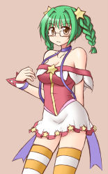 Rule 34 | 1girl, arm behind back, asahina eriko, bare shoulders, blush, braid, breasts, glasses, green hair, large breasts, looking at viewer, pani poni dash!, simple background, skirt, solo, star (symbol), striped clothes, striped thighhighs, thighhighs, utomo