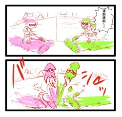 Rule 34 | 1boy, 1girl, alternate hair color, bread, bread slice, comic, food, food in mouth, green hair, inkling, inkling boy, inkling girl, inkling player character, kosatsune, long hair, monster boy, monster girl, mouth hold, nintendo, paint, paint roller, parody, pink hair, pointy ears, roller, shoes, short hair, simple background, sneakers, splat roller (splatoon), splatoon (series), splatoon 1, squid, tentacle hair, toast, toast in mouth, translation request