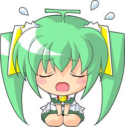 Rule 34 | 1girl, :d, artist request, bell, blush, blush stickers, chibi, chibi only, closed eyes, facing viewer, flying sweatdrops, full body, green hair, hair between eyes, long hair, lowres, melon-chan, melonbooks, miniskirt, neck bell, official art, open mouth, school uniform, short sleeves, simple background, skirt, smile, solo, transparent background, twintails, very long hair