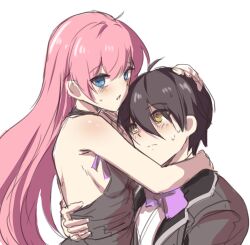 Rule 34 | 1boy, 1girl, ahoge, backless dress, backless outfit, bare shoulders, black hair, black suit, blue eyes, blush, bow, bowtie, breasts, closers, commentary request, dress, formal, hair between eyes, hand on another&#039;s back, hand on another&#039;s head, hetero, hug, korean commentary, long bangs, long hair, looking at another, looking at viewer, parted lips, pink hair, pinkmarine, purple bow, purple bowtie, seha lee, seulbi lee, short hair, simple background, small breasts, suit, white background, yellow eyes