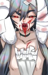 Rule 34 | 1girl, @ @, absurdres, animal ears, bandaged ear, bandages, bermuda muda, blood, blood on face, blood stain, blue hair, dress, hair between eyes, heart, heart-shaped pupils, highres, indie virtual youtuber, long hair, lop rabbit ears, nosebleed, open mouth, para (vtuber), rabbit ears, red eyes, sharp teeth, spaghetti strap, symbol-shaped pupils, teeth, thick eyebrows, tongue, tongue out, upper body, very long hair, virtual youtuber, white dress