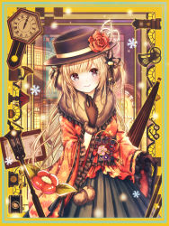 Rule 34 | 1girl, black hat, black skirt, blonde hair, blush, border, building, camera, cane, catbell, clock, closed mouth, flower, frilled sleeves, frills, hat, highres, japanese clothes, lamp, lamppost, long hair, looking at viewer, original, phonograph, pleated skirt, purple eyes, red flower, red rose, rose, skirt, smile, snowflakes, solo, two side up, umbrella, very long hair, wide sleeves