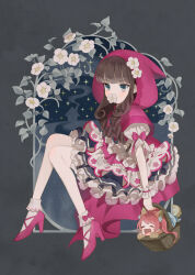 Rule 34 | 2girls, :d, animal ears, animal hands, basket, blue eyes, braid, brown hair, capelet, closed eyes, commentary request, cosplay, covered mouth, dress, flower, frilled dress, frills, from side, full body, gloves, grey background, high heels, highres, holding, holding basket, hood, hood up, invisible chair, kurosu aroma, layered dress, leaf, little red riding hood, little red riding hood (grimm), little red riding hood (grimm) (cosplay), long hair, low twin braids, mini person, minigirl, multiple girls, open mouth, oshiri (o4ritarou), paw gloves, pink capelet, pink footwear, plant, ponytail, pretty series, pripara, puffy short sleeves, puffy sleeves, red hair, shiratama mikan, short sleeves, sitting, smile, socks, solo focus, sparkle, tail, twin braids, vines, white flower, white socks, wolf ears, wolf tail, wrist cuffs