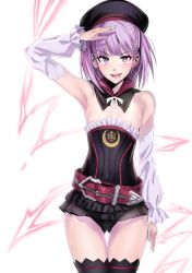 Rule 34 | &gt;:d, 1girl, :d, armpits, bare shoulders, belt, black thighhighs, cowboy shot, detached collar, detached sleeves, fate/grand order, fate (series), flat chest, gluteal fold, hat, helena blavatsky (fate), looking at viewer, microskirt, open mouth, purple eyes, purple hair, salute, short hair, simple background, skirt, smile, solo, thigh gap, thighhighs, sefirot, ulrich (tagaragakuin), v-shaped eyebrows, white background