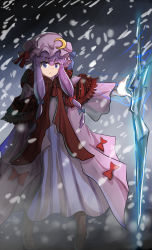 Rule 34 | 1girl, blue bow, blue light, blue ribbon, bow, brown footwear, commentary request, dark background, dress, dress bow, hair bow, hat, hat ribbon, highres, ice, looking at viewer, magic, mob cap, namiki (remiter00), patchouli knowledge, purple eyes, purple hair, red bow, red ribbon, red scarf, ribbon, robe, scarf, snow, snowing, solo, touhou, wide sleeves
