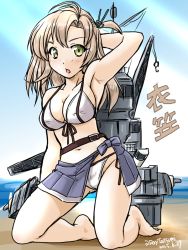 Rule 34 | 10s, 1girl, :o, arm up, armpits, bikini, blush, breasts, brown hair, cleavage, front-tie top, full body, gradient background, green eyes, kantai collection, kinugasa (kancolle), kneeling, long hair, looking at viewer, navel, one side up, open mouth, skirt, solo, swimsuit, tatsumi ray