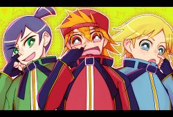 Rule 34 | 3boys, absurdres, black hair, blonde hair, blue eyes, boomer (ppg), brick (ppg), brothers, butch (ppg), cowlick, freckles, green eyes, green jacket, hat, highres, jacket, looking at viewer, looking to the side, multiple boys, nose picking, open mouth, orange hair, powerpuff girls z, red eyes, rowdyruff boys, siblings