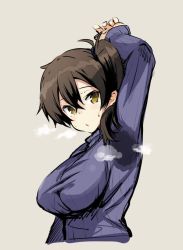 Rule 34 | 10s, 1girl, alternate costume, arm up, bad id, bad twitter id, brown eyes, brown hair, hair between eyes, iwasaki takashi, kaga (kancolle), kantai collection, ribbed sweater, side ponytail, simple background, smell, solo, sweat, sweater, turtleneck, upper body