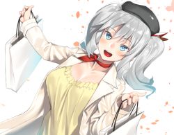 Rule 34 | 1girl, :d, bag, beret, blue eyes, breasts, collarbone, h kasei, hat, holding, jacket, kantai collection, kashima (kancolle), kerchief, large breasts, long hair, long sleeves, open clothes, open jacket, open mouth, shopping bag, silver hair, smile, solo, two side up, white background, white jacket