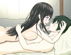Rule 34 | 10s, 1boy, 1girl, afterglow, aftersex, bed, black hair, blush, breasts, chitanda eru, completely nude, couple, eye contact, green eyes, hetero, highres, hyouka, large breasts, long hair, looking at another, mita teruyoshi, nude, open mouth, oreki houtarou, pillow, purple eyes, short hair, smile, sweat, tears