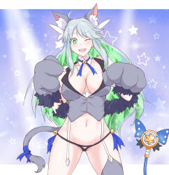 Rule 34 | 1girl, animal ears, areola slip, blue hair, breasts, cleavage, colored inner hair, cosplay, fate/grand order, fate (series), green eyes, green hair, kukulkan (fate), large breasts, light blue hair, midriff, miyu edelfelt, miyu edelfelt (beast style), miyu edelfelt (beast style) (cosplay), multicolored hair, navel, nick (pix425), one eye closed, open mouth, revealing clothes, solo, upper body