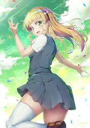 Rule 34 | 1girl, birthday, blonde hair, blush, cloud, cloudy sky, commentary, confetti, double m/, dress, green eyes, green sky, hairband, heanna sumire, highres, long hair, looking at viewer, looking back, love live!, love live! superstar!!, m/, novady, pinafore dress, red hairband, school uniform, short sleeves, sky, sleeveless dress, solo, thighhighs, white thighhighs, yuigaoka school uniform