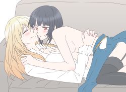 Rule 34 | 10s, 2girls, ^ ^, atago (kancolle), bad id, bad pixiv id, black hair, black legwear, blonde hair, blush, breasts, closed eyes, couch, dress shirt, closed eyes, female focus, garter straps, huge breasts, kantai collection, long hair, lying, multiple girls, no headwear, no headwear, off shoulder, on back, open clothes, open shirt, red eyes, shirt, short hair, sideboob, skirt, small breasts, smile, takao (kancolle), thighhighs, topless, udon (shiratama), yuri