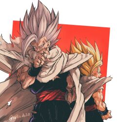 Rule 34 | 2boys, absurdres, arm at side, artist name, biceps, black wristband, blonde hair, blue eyes, cape, clenched hand, dougi, dragon ball, dragon ball super, dragon ball super super hero, dual persona, gohan beast, grey hair, hand up, highres, looking at viewer, looking back, male focus, multiple boys, muscular, muscular male, open mouth, profile, red background, red eyes, red sash, relio db318, sash, scratches, shoulder pads, simple background, son gohan, spiked hair, standing, super saiyan, super saiyan 2, torn cape, torn clothes, twitter username, two-tone background, v-shaped eyebrows, veins, white background, white cape, wristband