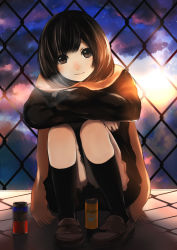 Rule 34 | 1girl, bad id, bad pixiv id, brown eyes, brown footwear, brown hair, chain-link fence, fence, full body, highres, loafers, long sleeves, looking at viewer, original, outdoors, product placement, scarf, shoes, short hair, solo, squatting, sunset, tate (donnguriumai)