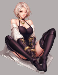 Rule 34 | 1girl, absurdres, bare shoulders, between legs, black choker, black shirt, boots, breasts, character request, choker, cleavage, closed mouth, coat, dungeon and fighter, earrings, female slayer (dungeon and fighter), gauntlets, grey background, halterneck, hand between legs, high heel boots, high heels, highres, jewelry, knight, large breasts, looking at viewer, monaim, necklace, open clothes, open coat, own hands together, pink hair, purple thighhighs, red eyes, shirt, short hair, signature, simple background, sitting, sleeveless, sleeveless shirt, smile, solo, sword master (dungeon and fighter), thigh boots, thighhighs, v arms, white coat