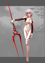 Rule 34 | 1girl, ayanami rei, bident, blue hair, breasts, cameltoe, covered erect nipples, eva 01, lance of longinus (evangelion), neon genesis evangelion, non-web source, plugsuit, polearm, power lines, short hair, small breasts, solo, udai, weapon