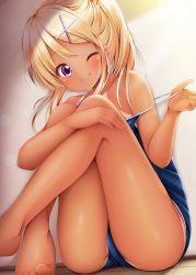 Rule 34 | 1girl, :d, bare arms, bare legs, bare shoulders, barefoot, blonde hair, blue one-piece swimsuit, blush, commentary request, competition school swimsuit, crossed legs, hair between eyes, hair ornament, hairclip, head tilt, highres, kin-iro mosaic, kujou karen, long hair, minato ojitan, one-piece swimsuit, open mouth, ponytail, pulling own clothes, purple eyes, school swimsuit, sidelocks, sitting, smile, solo, strap pull, swimsuit, wet, x hair ornament