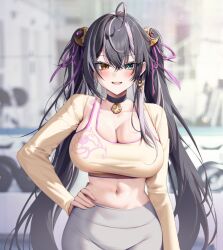 Rule 34 | 1girl, black choker, black hair, blue eyes, blurry, blurry background, blush, breasts, choker, cleavage, collarbone, commission, earrings, grey pants, hair ornament, hand on own hip, heterochromia, indie virtual youtuber, jewelry, large breasts, long sleeves, looking at viewer, mion kokomo, navel, orange eyes, pants, parted lips, pixiv commission, single earring, smile, solo, twintails, virtual youtuber, yampa, yoga pants