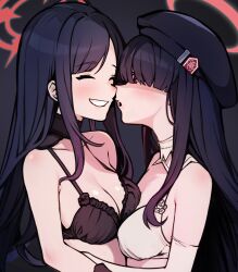Rule 34 | 2girls, :o, absurdres, asymmetrical docking, beret, black background, black bra, black hair, blue archive, blush, bra, breast press, breasts, face-to-face, from side, grin, hair over eyes, halo, hat, highres, ichika (blue archive), justice task force member (blue archive), long hair, medium breasts, multiple girls, open mouth, red eyes, red halo, smile, tananne, trinity general school logo, underwear, upper body, white bra, yuri