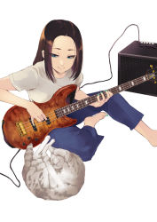 Rule 34 | 1girl, animal, aqua eyes, aqua nails, bang dream!, barefoot, blue legwear, blue pants, brown hair, cat, closed mouth, commentary, eyebrows, eyelashes, feet, forehead, full body, guitar, half-closed eyes, highres, holding, holding instrument, instrument, long hair, looking at another, nail polish, pants, raise a suilen, shirt, short sleeves, simple background, smile, solo, torn flipper, wakana rei, white background, white cat, white shirt