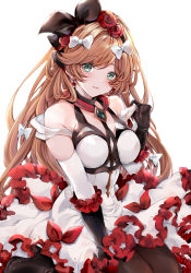 Rule 34 | 1girl, bad id, bad pixiv id, bare shoulders, black bow, black gloves, black hairband, black pantyhose, bow, brown hair, chest harness, clarisse (granblue fantasy), clarisse (soleil blanc) (granblue fantasy), commentary request, detached sleeves, dress, earrings, elbow gloves, flower, frilled dress, frilled gloves, frills, gloves, granblue fantasy, green eyes, hair bow, hairband, harness, highres, jewelry, long hair, looking at viewer, pantyhose, parted lips, red flower, red rose, rose, sitting, smile, solo, soraneko hino, sparkle, swept bangs, very long hair, white bow, white dress